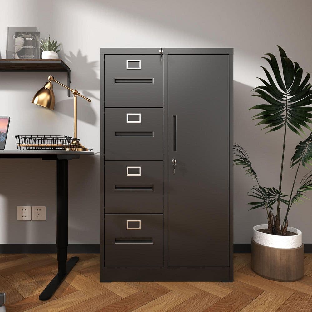 4-Drawer Black Metal 29.92 in. W Vertical File Cabinet with Lock, 1 Door for School, Living Room, Bedroom, Office