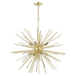 Tribeca 9-Light Soft Gold Foyer Pendant Chandelier with Polished Brass Accents and Iron Pipe Rods