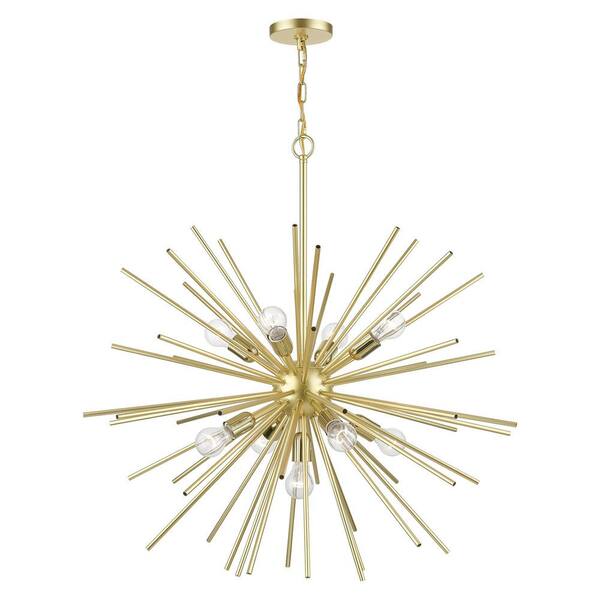 Livex Lighting Tribeca 9-Light Soft Gold Foyer Pendant Chandelier with Polished Brass Accents and Iron Pipe Rods
