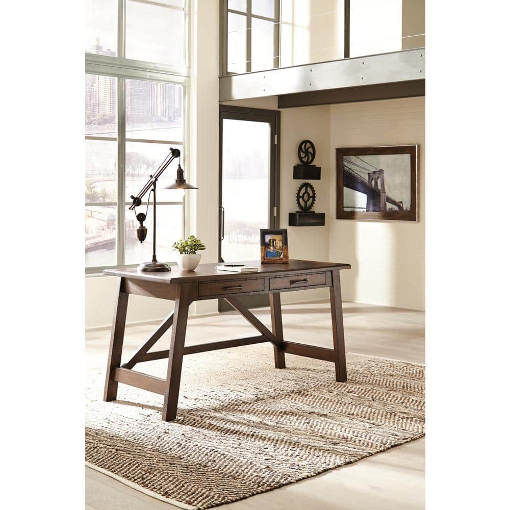 Transitional Rustic Brown Home Office Desk with USB Port and Drawers
