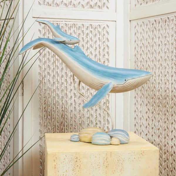 Litton Lane 17 in. Blue Polystone Swimming Mother and Baby Whale Sculpture with Yellow Accents
