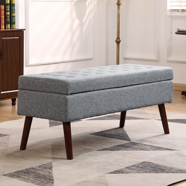 Noble House Gilan Grey Linen Tufted Storage Ottoman Bench, Solid Wood Legs