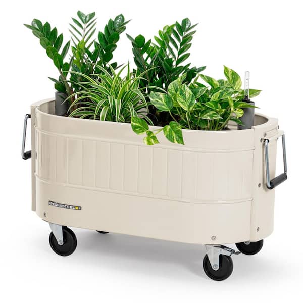 29.5 in. L x 15 in. W x 10 in. H Self-Watering Steel Garden Bed, Rolling Planter, Caster Wheels, Ivory