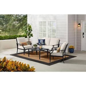 Braxton Park 4-Piece Black Steel Outdoor Patio Conversation Deep Seating Set with CushionGuard Almond Tan Cushions