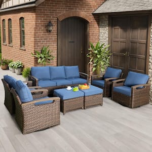 Nyajiah 7-Piece Wicker Patio Conversation Set with Blue Cushions