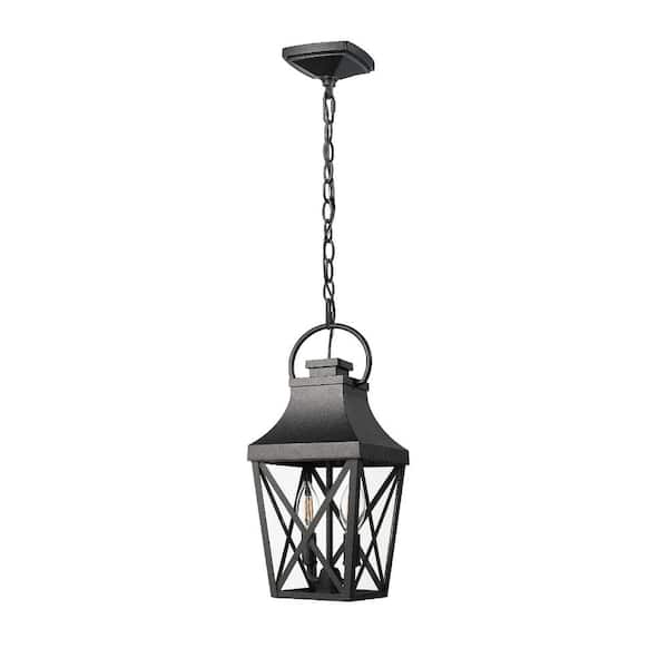 ExBrite 15.88 in. 1-Light Black Farmhouse Outside Pendant Light Fixture Ceiling Mount With Clear Glass