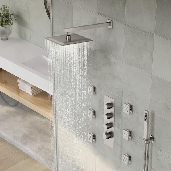 7-Spray Patterns Thermostatic 12 in. Wall Mount Rain Dual Shower Heads 2.5 GPM in Brushed Nickel (Valve Included)
