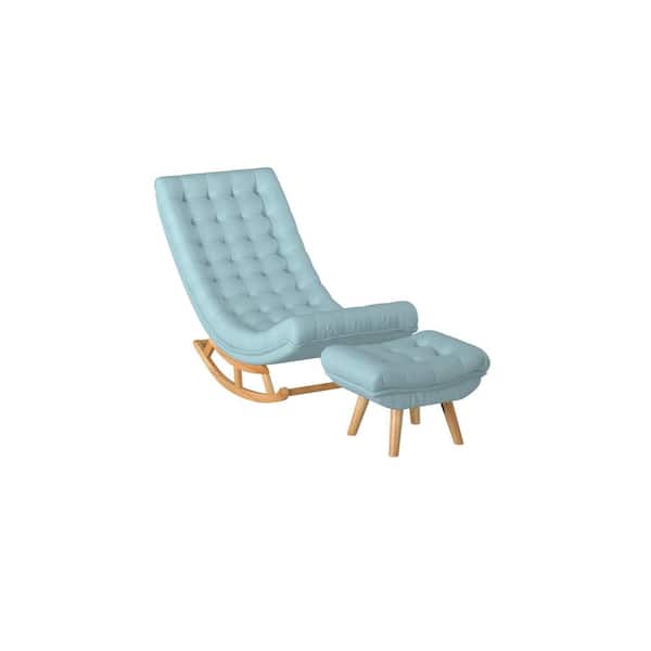 Barton Rubber Wood Leg Living Room Outdoor Rocking Chair Relaxing Button Tufted with Fabric Teal Cushion and Footrest Stool