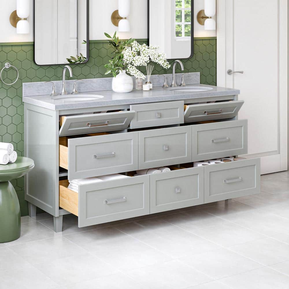 Monroe 67" Gray Wood Double Vanity with Carrara Marble Top