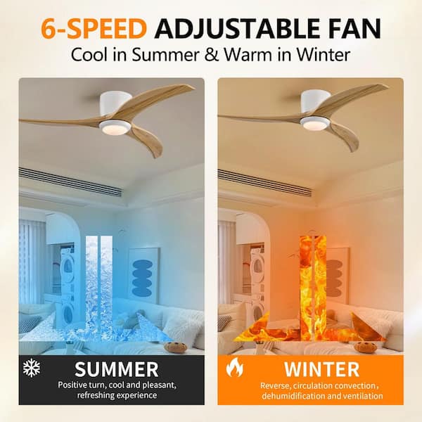 52 in. Indoor/Outdoor White with Natural Wood Blades Flush Mount Ceiling Fan with LED Light and 6-Speed Remote Control