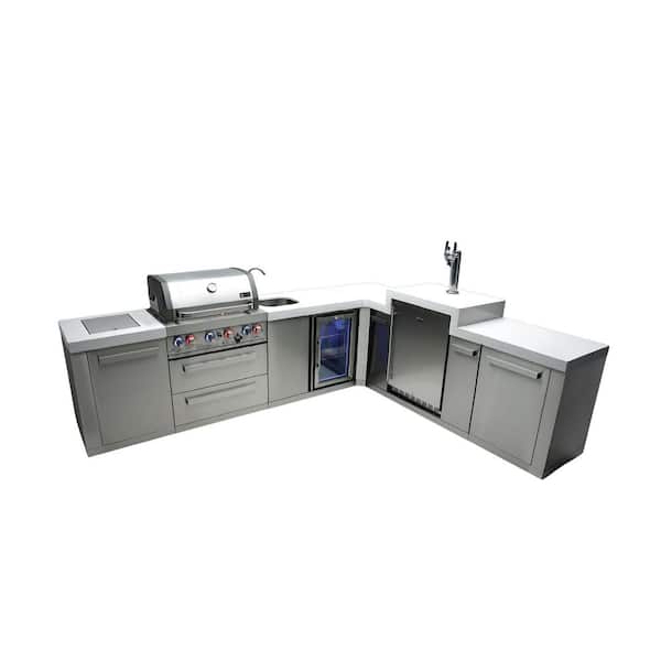 Premium 4-Burner L-Shaped Outdoor Kitchen Kegerator + Refrigerator Propane Natural Gas Grill Island in Stainless Steel