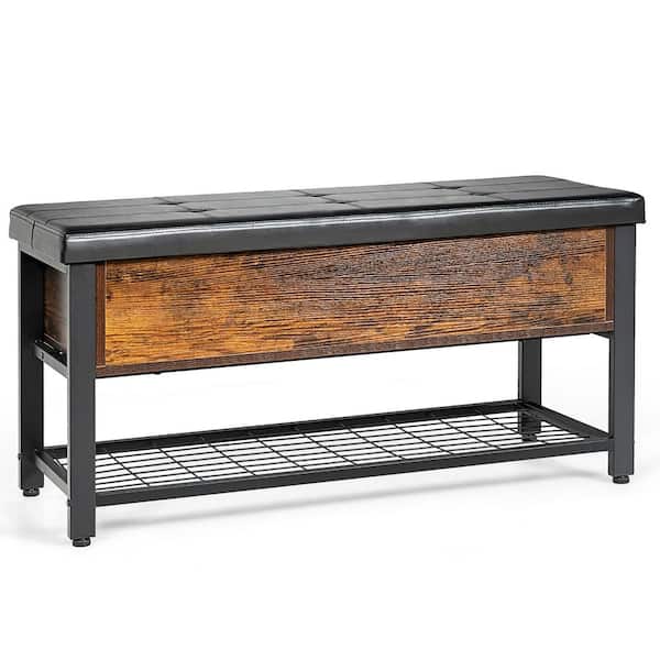 Costway 20 in. H x 40 in. W Brown and Black Wood Shoe Storage Bench w/Storage Box and Shoe Shelf Rustic