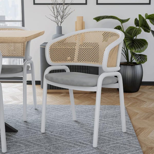 Leisuremod Ervilla Modern Dining Armchair with White Powder Coated Steel Legs and Wicker Back, Grey