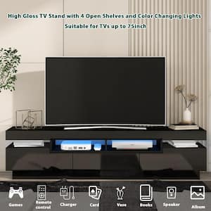 Modern TV Stand Fits TV's up to 75 in. with High Gloss Entertainment Center and LED Color Changing Lights, Black