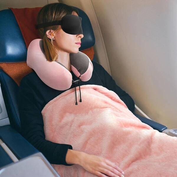 Angel Sar Pink Travel Pillow and Blanket Set with Sleep Mask