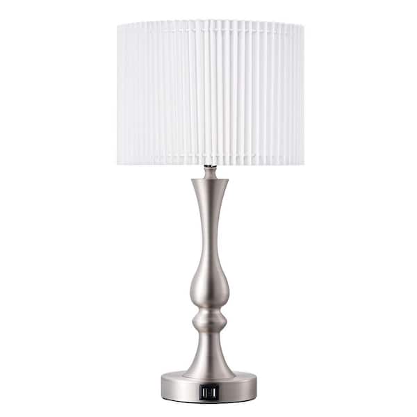 21 in. Silver Touch Control Pleated Shade Table Lamp With USB And Bulb Included