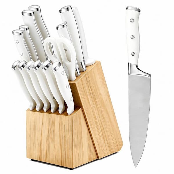 15-Piece High Carbon Stainless Steel Kitchen Knife Set with Block, White, Razor-Sharp Blades