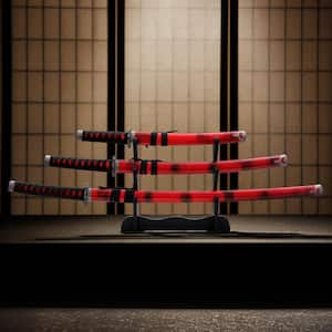 11.75 in. H x 2.5 in. W Sword Set with Display Stand, Set of 3 - Red and Black - Metal Work