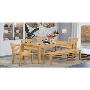 6-Piece Rectangle Natural Oak Finish Solid Wood Top Dining Table with 1 Bench, 4 Chairs with Lattice Back