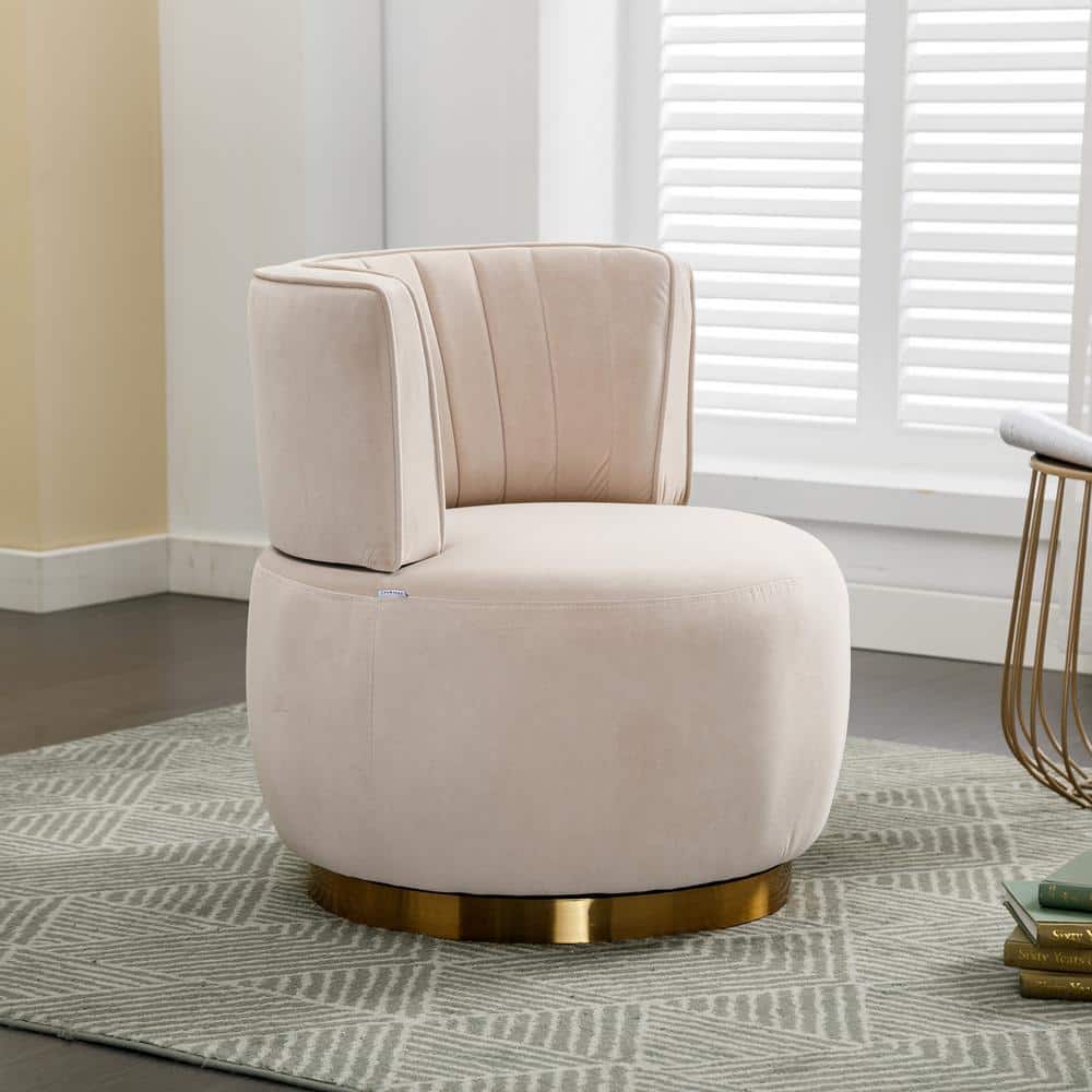Beige Velvet Swivel Barrel Accent Chair with Metal Base