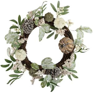 20 in. Unlit Pumpkin and Berries with Pinecones Artificial Fall Harvest Twig Wreath