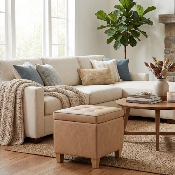 Sand Faux Leather Tufted Square Storage Ottoman