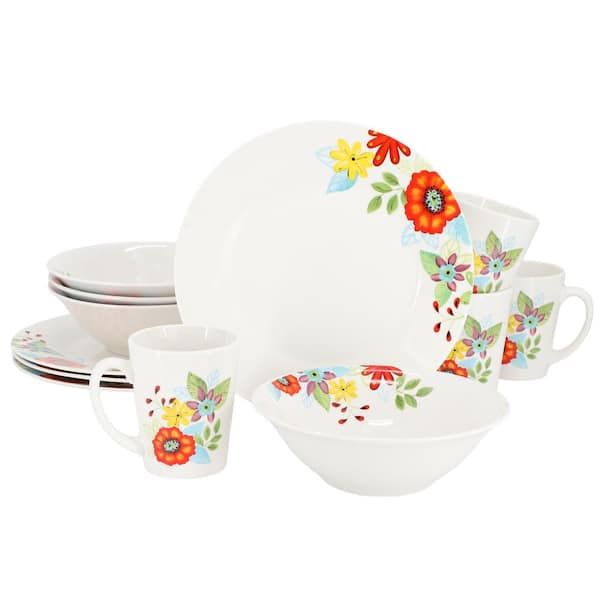 Color Floral 12 Piece Fine Ceramic Dinnerware Set in Multi