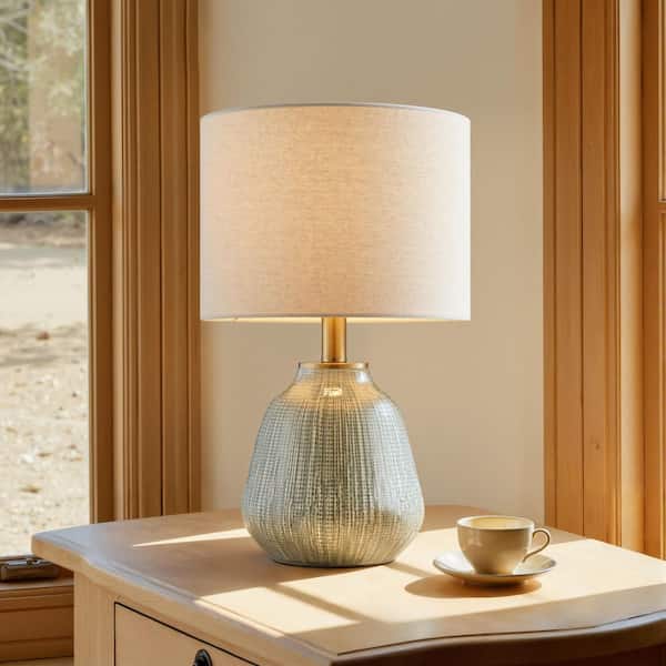 18 in. Modern Dark Green Ceramic Table Lamp with Beige Linen Shade for Living Room and Bedside