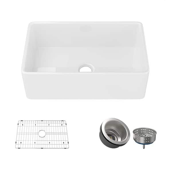 RAINLEX 30 in. Fireclay Farmhouse Apron Front Kitchen Sink White Single Bowl Kitchen Sink, Bottom Grid and Sink Drain Included