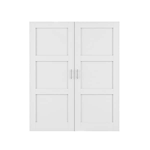 64 in. x 80 in. 3 Lite Solid Core White Wood Double Door Slab Panels without Jamb Interior Bi-Fold Door With Ball Catch
