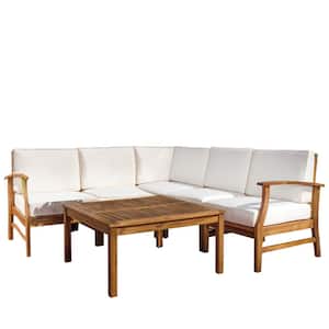 Perla Teak Finish 6-Piece Wood Outdoor Sectional with Cream Cushions