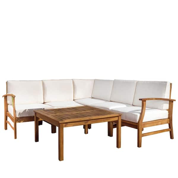 Perla Teak Finish 6-Piece Wood Outdoor Patio Sectional with Cream Cushions