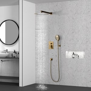 2-Spray Wall Mount 10 in. 1.8GPM Fixed Dual Shower Head with Handheld and Water Temperature Display in Brushed Gold