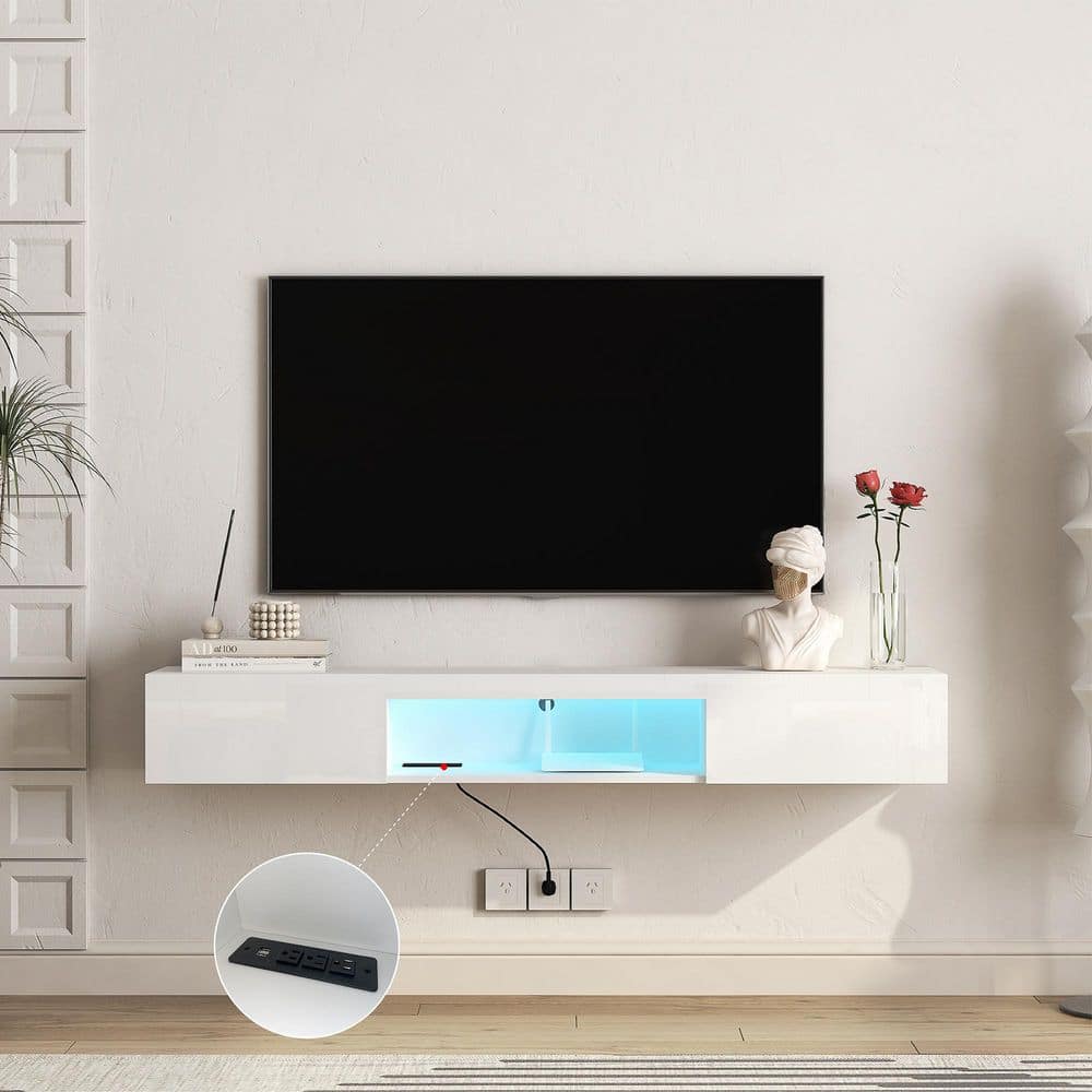 GOGEXX 63 in. White MDF Floating TV Stand Wall Mount for 55/60/65