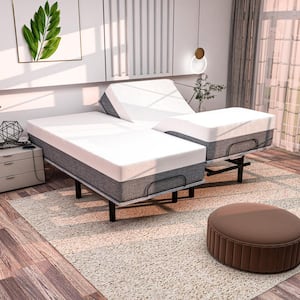 Gray Split-King Adjustable Bed Frame USB, APP, Massage, Head/Foot Incline, Under Bed Light with 14 in. Hybrid Mattress