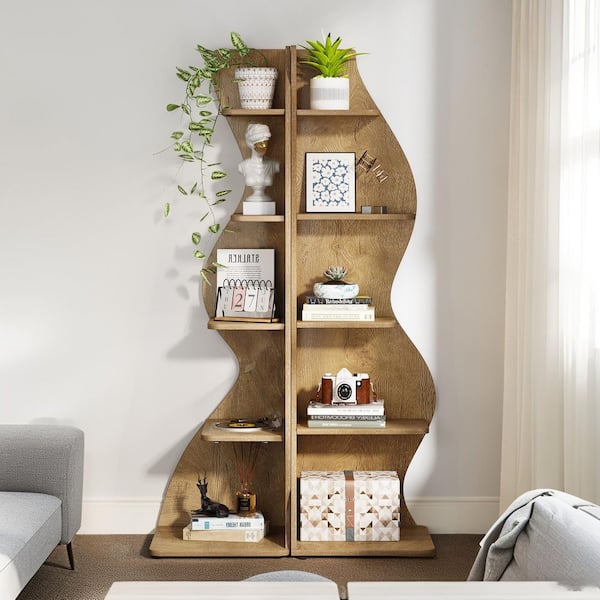 70 in. Tall Brown Wood 5-Shelf Corner Bookcase with Ample Storage and Space-Saving Design for Living Room, Office