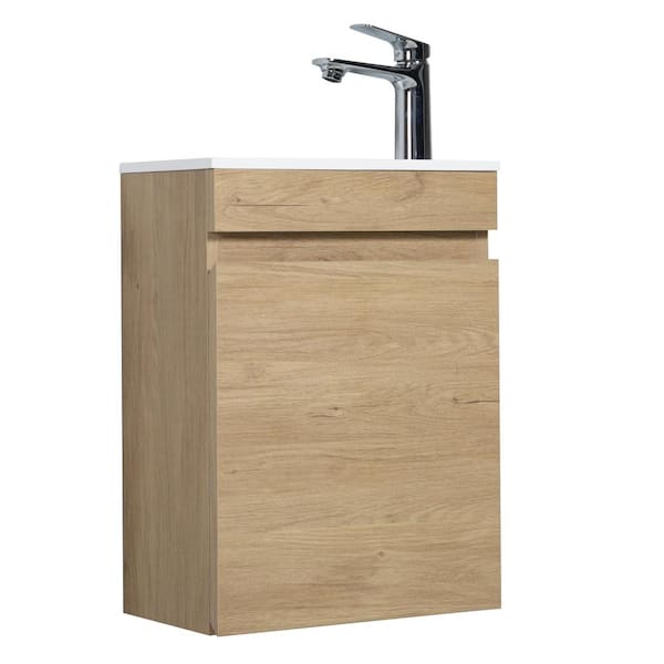 Abruzzo 16 in. Wall-Mounted Floating Bathroom Vanity with White Resin Top and Soft-Close Cabinet Door in Natural Oak