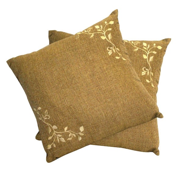 Peak Season Tan Embroidered Square Outdoor Throw Pillow (2-Pack)