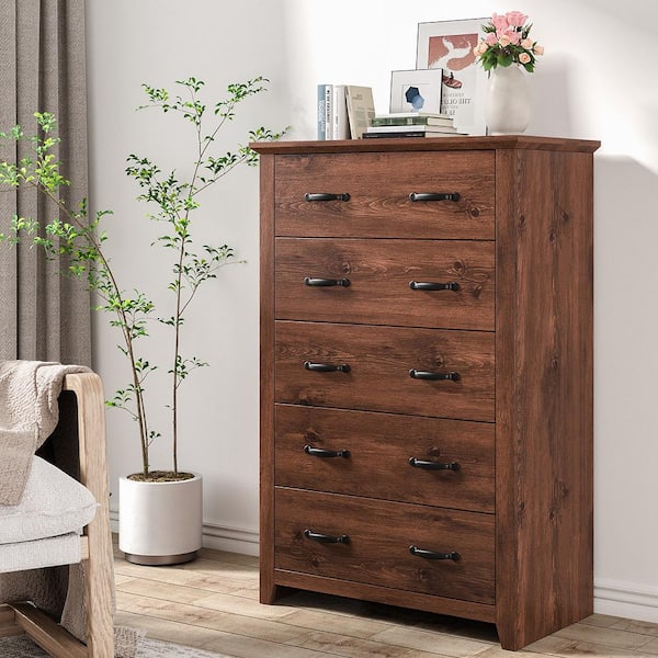 31 in. Width 5-Drawer Chest of Drawers Storage Dresser Tall Cabinet Organizer Bedroom Hallway in Walnut