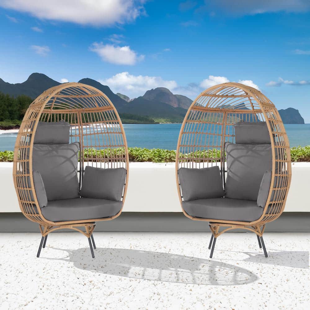 BFB 2 -Pieces Oversized Patio Brown Wicker Swivel Egg Chair, Indoor Outdoor Rattan Egg Chair JF ...