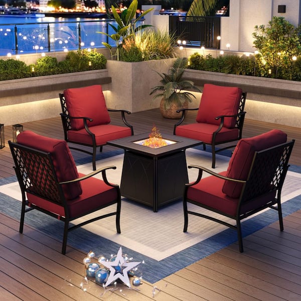 PHI VILLA Black Metal Meshed 4 Seat 5-Piece Steel Outdoor Patio Conversation Set with Red Cushions Square Fire Pit Table