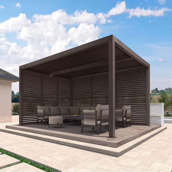 10 ft. x 14 ft. Bronze Aluminum Louvered Pergola with 2 Individual Sunshade Roofs and 1-Long 1-Short Side Shutter Wall