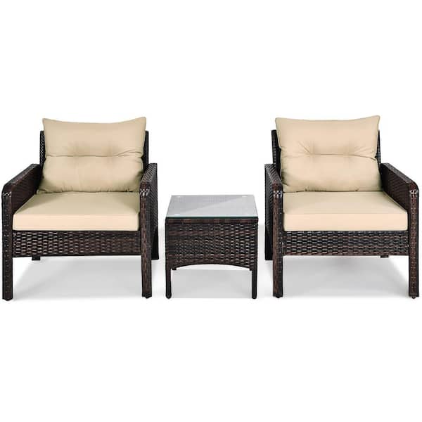 Costway 3-Piece Wicker Rattan Outdoor Conversation Set Sofa Chair with Yellow Cushions