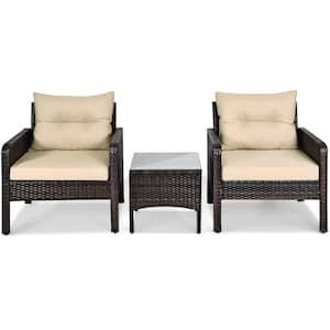 3-Piece Wicker Rattan Outdoor Conversation Set Sofa Chair with Yellow Cushions