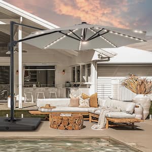 11 ft. Round Solar LED Aluminum 360-Degree Rotation Cantilever Offset Outdoor Patio Umbrella with Base in Gray