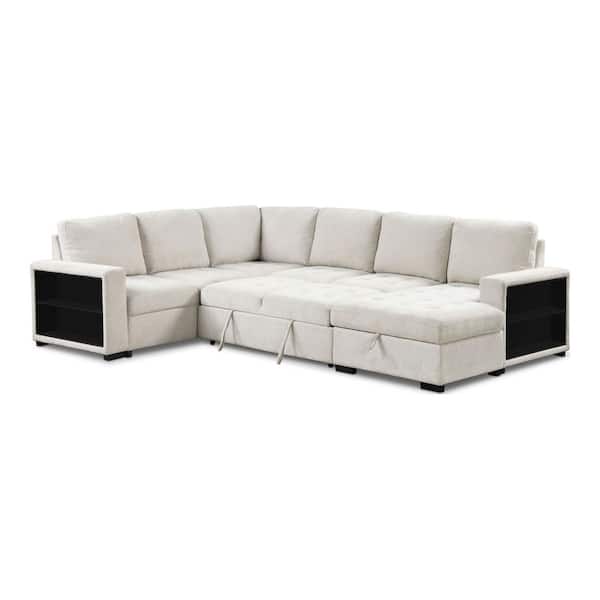 Abbey 128 in. Biscuit Tufted L-Shaped Fabric Sectional Sofa in. Beige with Storage and USB Charger