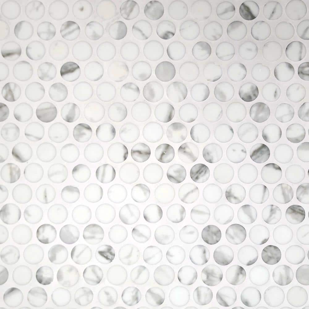 White Calacatta Matte Glass Penny Round Mosaic Tile