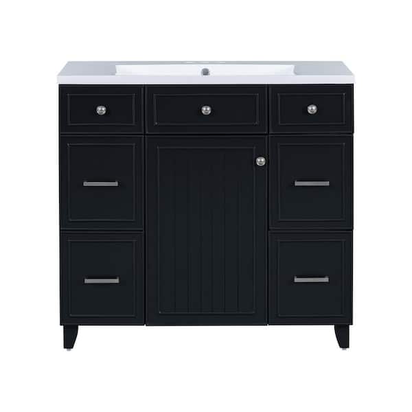 Ziyudura 36 in. Single Sink Freestanding Black Bath Vanity with White Resin Top, Adjustable Shelves