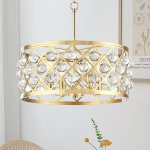 4-Light Modern Gold Round Drum Metal Chandelier with Clear Crystal Globes