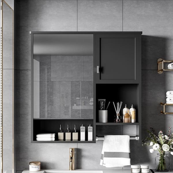 29 in. W x 28 in. H Rectangular MDF Medicine Cabinet with Mirror in Black